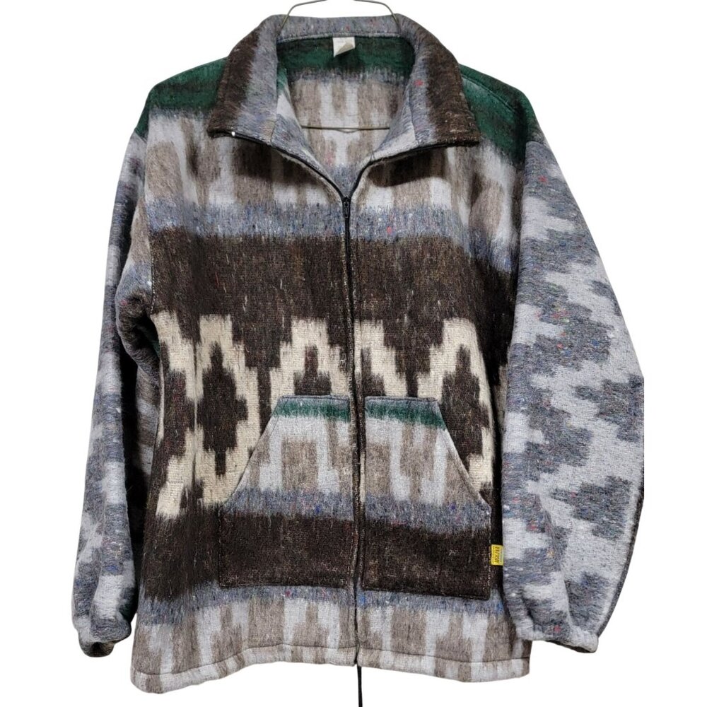 Molina Indian Drawin Southwestern Aztec Zip Up Fleece/Felted Jacket Vintage